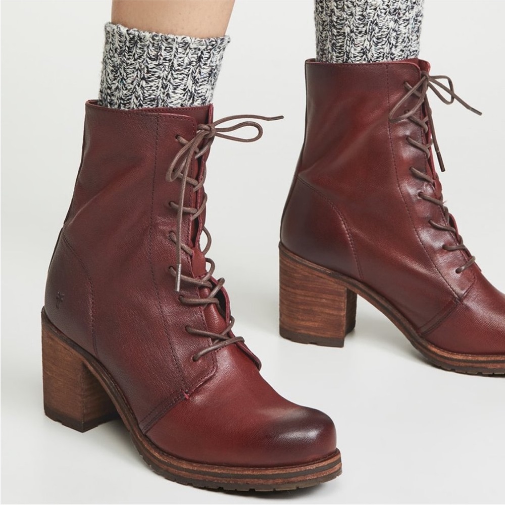 $439 Frye Karen Lace Up Red Brown Leather Combat Short Chunky Heel Ankle Booties